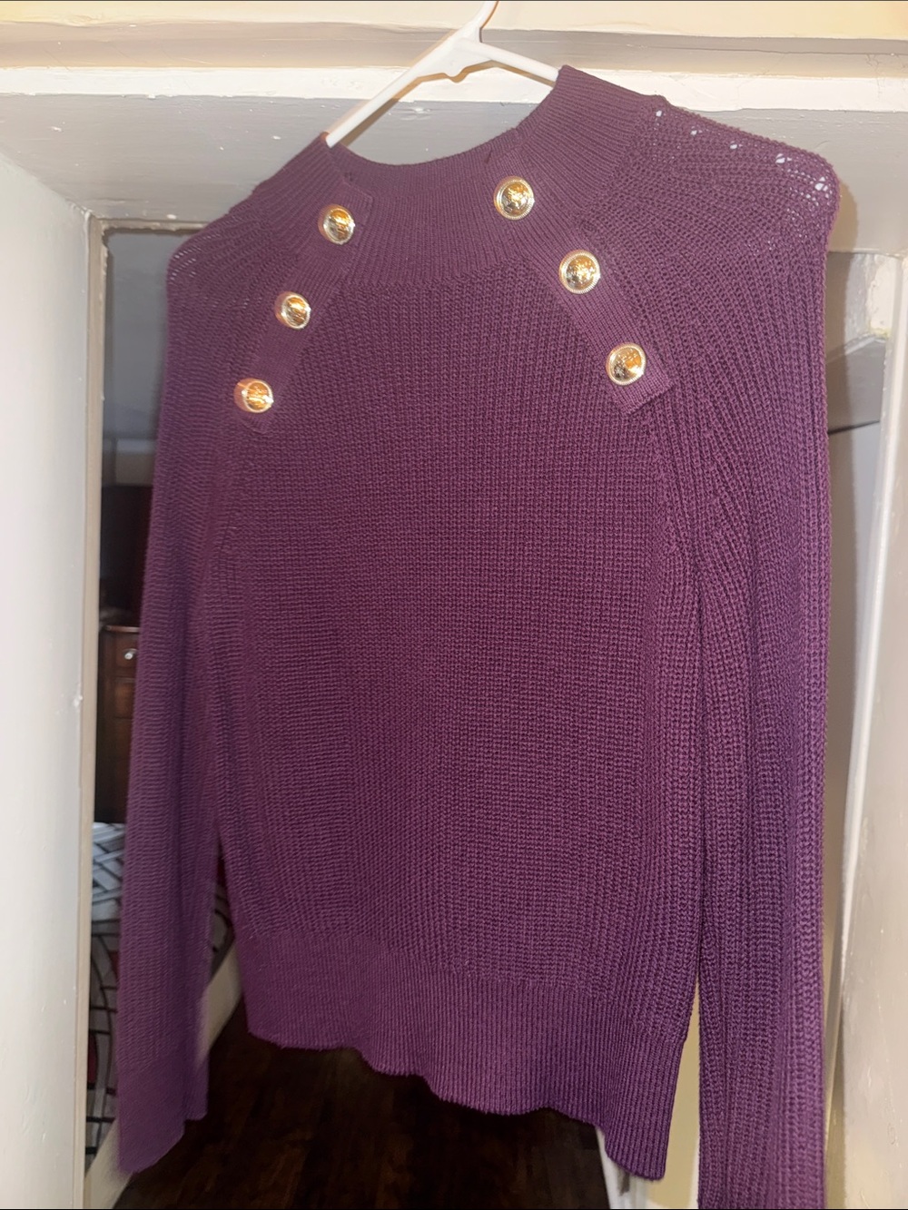 Nautica Purple Knit Crewneck Sweater with Gold Buttons